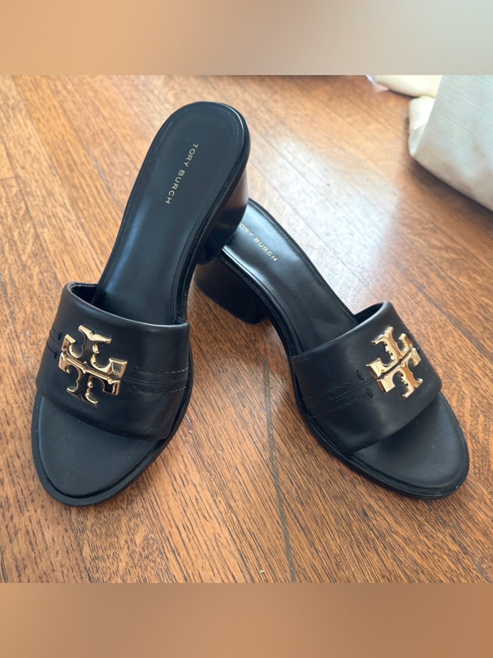 Tory Burch Everly Black Leather heeled Sandals with Gold Logo